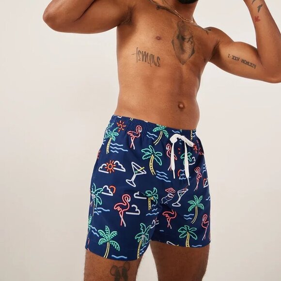 Chubbies Blue Neon Island Signs Graphic Print 7” Lined Swim Trunks - Picture 1 of 7